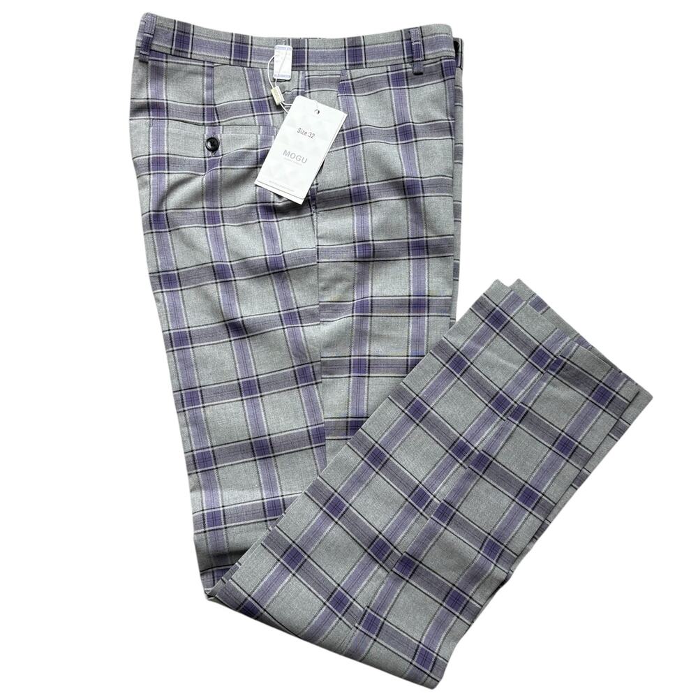 NWT Men's Size 32 Gray Purple Black Plaid Flat Front Casual Dress Pants